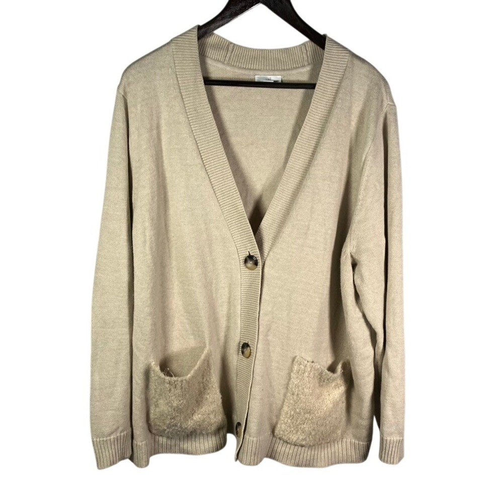 J. Jill‎ Womens Cardigan Sweater 2X Beige V-Neck Long Sleeve Knit with Pockets